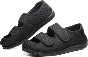 Women Men Open Toe Diabetic Sandals Wide Width, Adjustable Arthritis Edema Slippers for Elderly, Diabetic House Shoes for Swollen Feet, Black L05