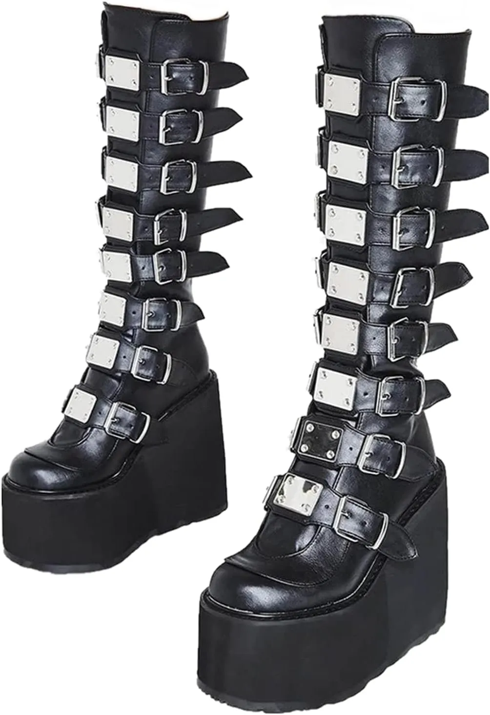 Women Platform Mid Calf Boots Round Toe Goth Punk Combat Booties Buckle Back Zip Chunky Heel Wedge Knee High Boots