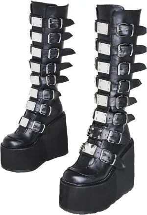 Women Platform Mid Calf Boots Round Toe Goth Punk Combat Booties Buckle Back Zip Chunky Heel Wedge Knee High Boots