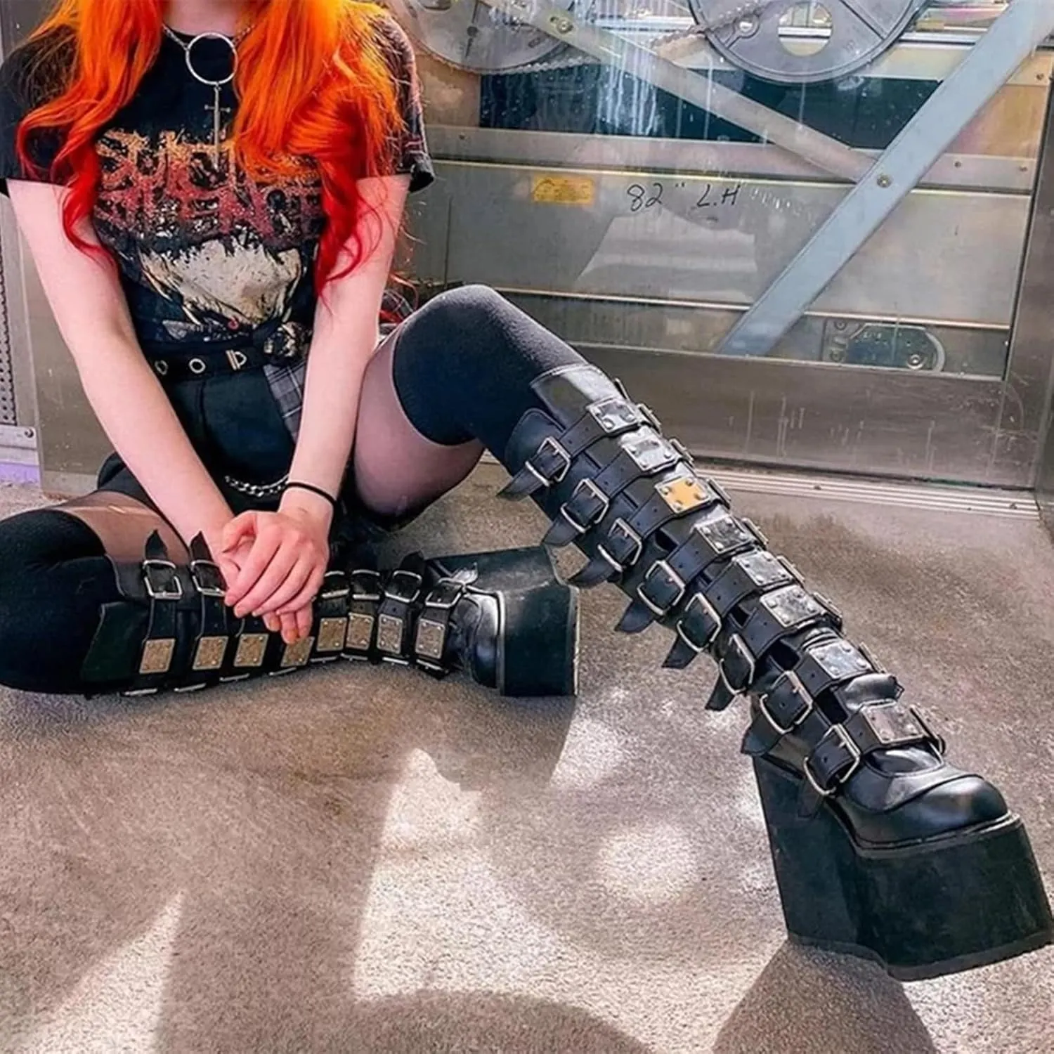 Women Platform Mid Calf Boots Round Toe Goth Punk Combat Booties Buckle Back Zip Chunky Heel Wedge Knee High Boots