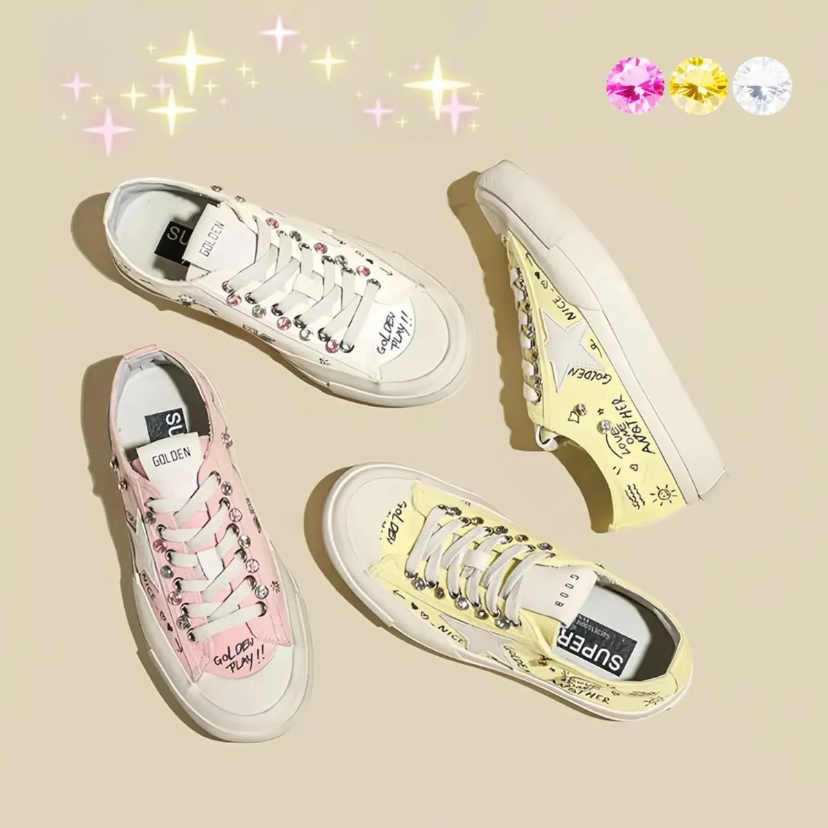 Women Retro Canvas Sneakers, Star Patch Graffiti Flats, Y2k Sweet Streetwear Rhinestone Accents Teens Shoes Shiny Bling