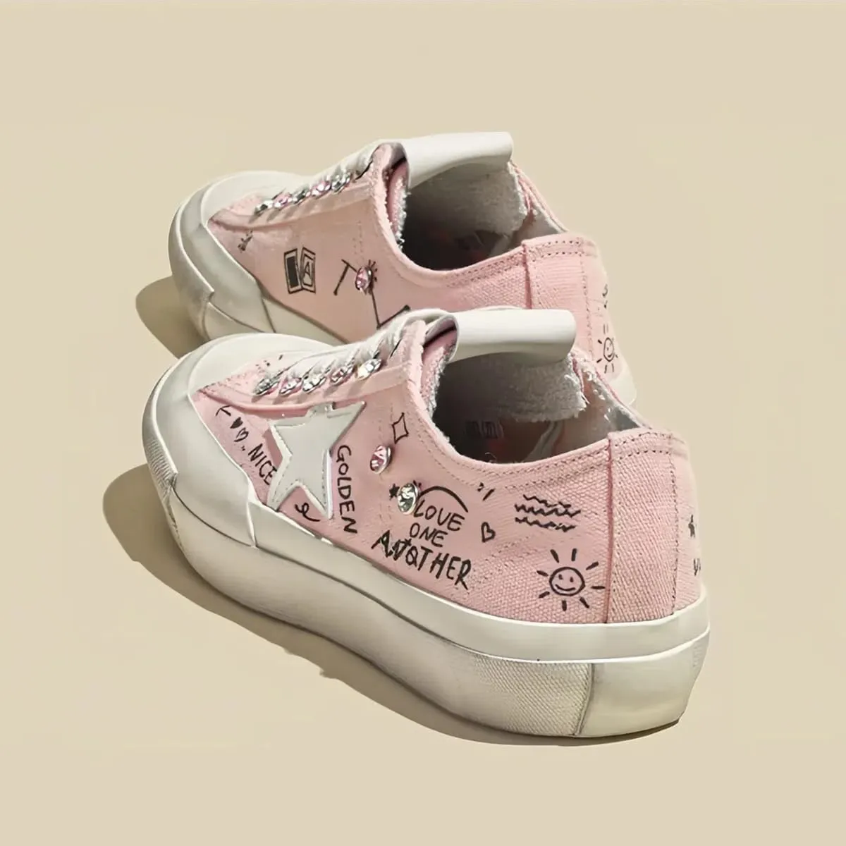 Women Retro Canvas Sneakers, Star Patch Graffiti Flats, Y2k Sweet Streetwear Rhinestone Accents Teens Shoes Shiny Bling
