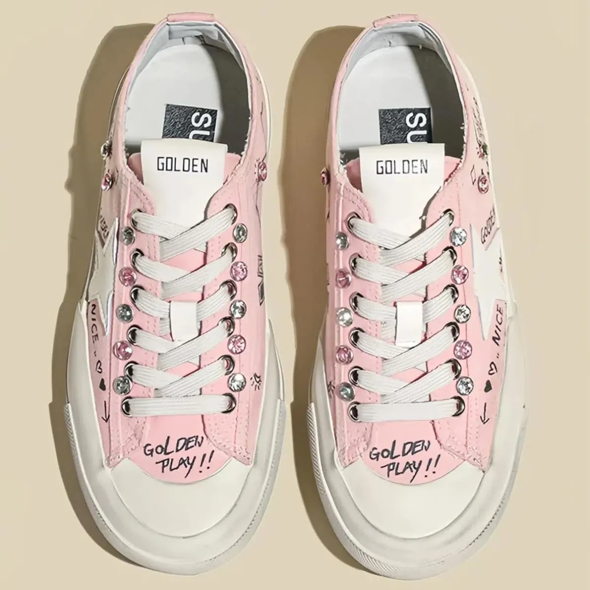 Women Retro Canvas Sneakers, Star Patch Graffiti Flats, Y2k Sweet Streetwear Rhinestone Accents Teens Shoes Shiny Bling