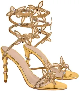 Women Rhinestone Butterfly Spiral Wrap Around High Heel Sandals Rhinestone Sparkly Stiletto Heel Sandals