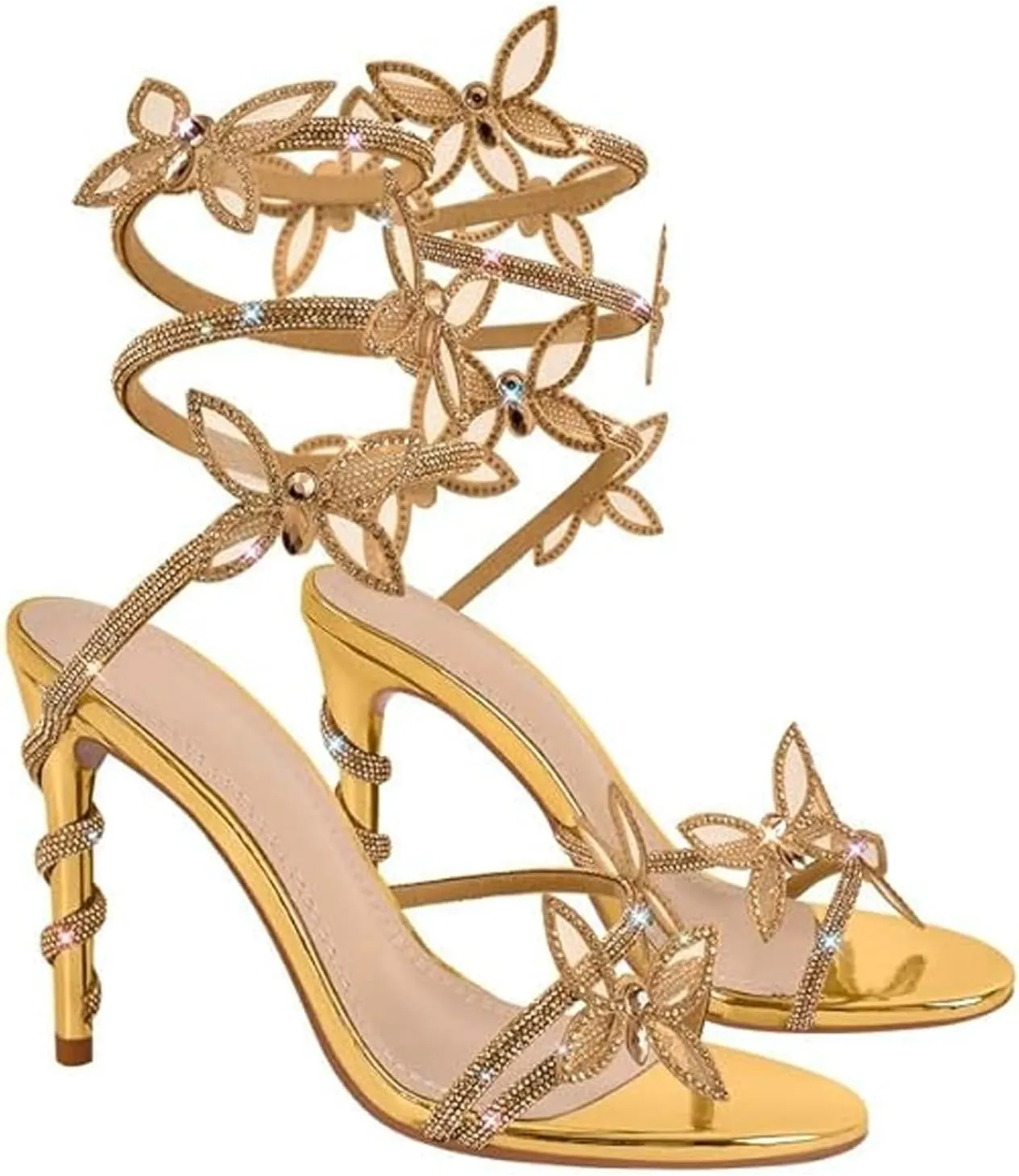 Women Rhinestone Butterfly Spiral Wrap Around High Heel Sandals Rhinestone Sparkly Stiletto Heel Sandals