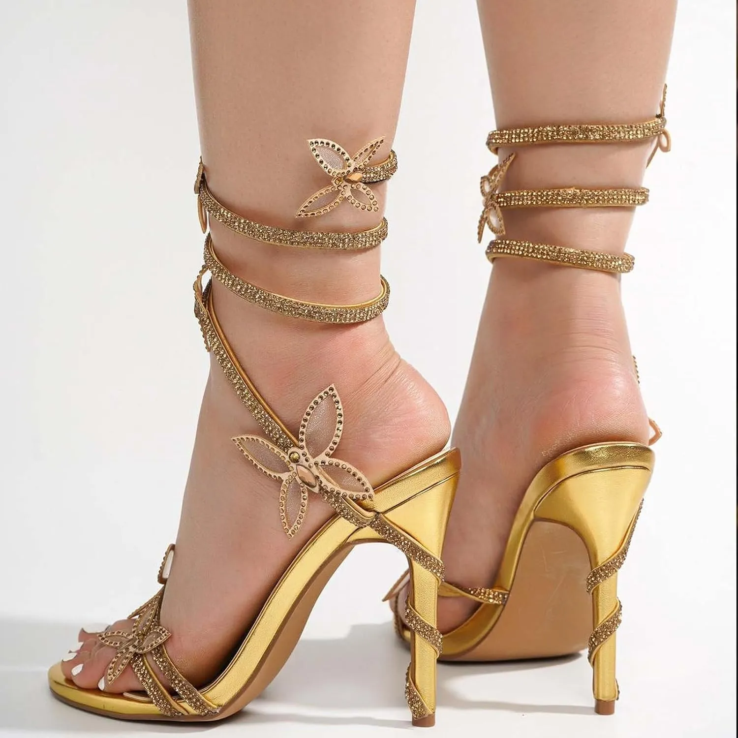 Women Rhinestone Butterfly Spiral Wrap Around High Heel Sandals Rhinestone Sparkly Stiletto Heel Sandals