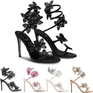 Women Rhinestone Flowers Spiral Wrap Around High Heel Sandals Fashion Sexy Sparkly Bling Wedding Party Sandals 4.13"