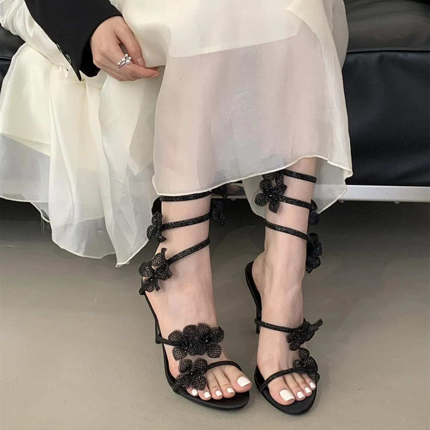 Women Rhinestone Flowers Spiral Wrap Around High Heel Sandals Fashion Sexy Sparkly Bling Wedding Party Sandals 4.13"