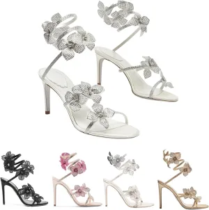 Women Rhinestone Flowers Spiral Wrap Around High Heel Sandals Fashion Sexy Sparkly Bling Wedding Party Sandals 4.13"