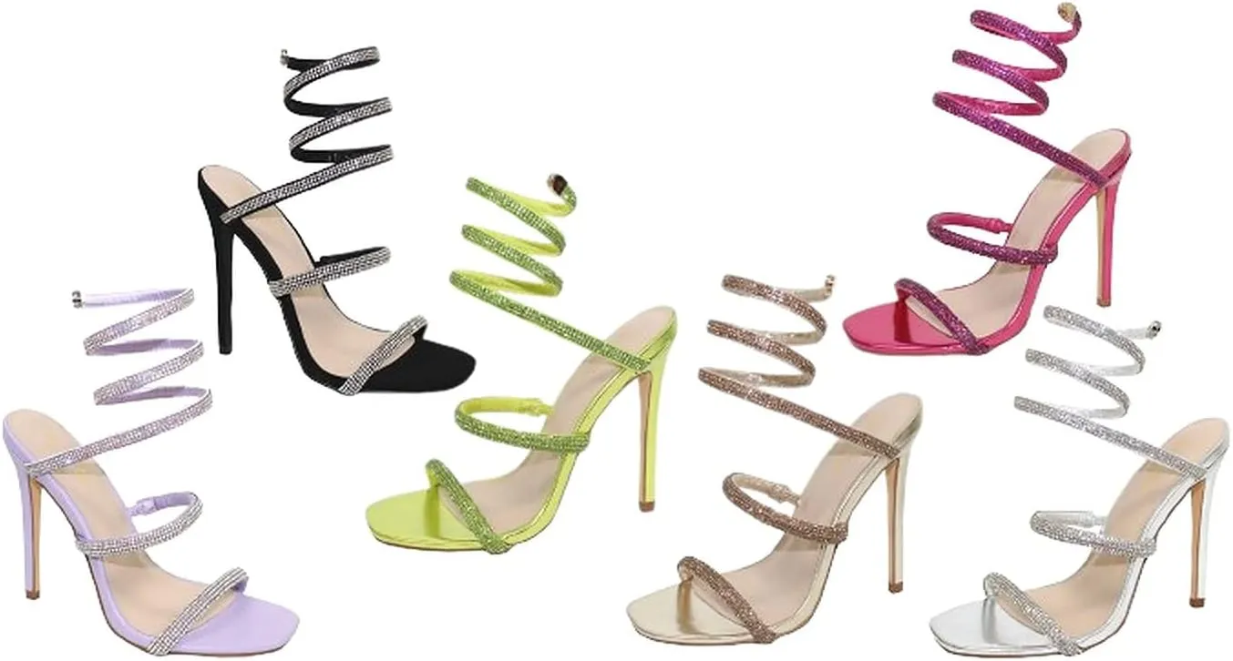 Women Rhinestone Spiral Ankle Wrap Strap High Heels Sandals