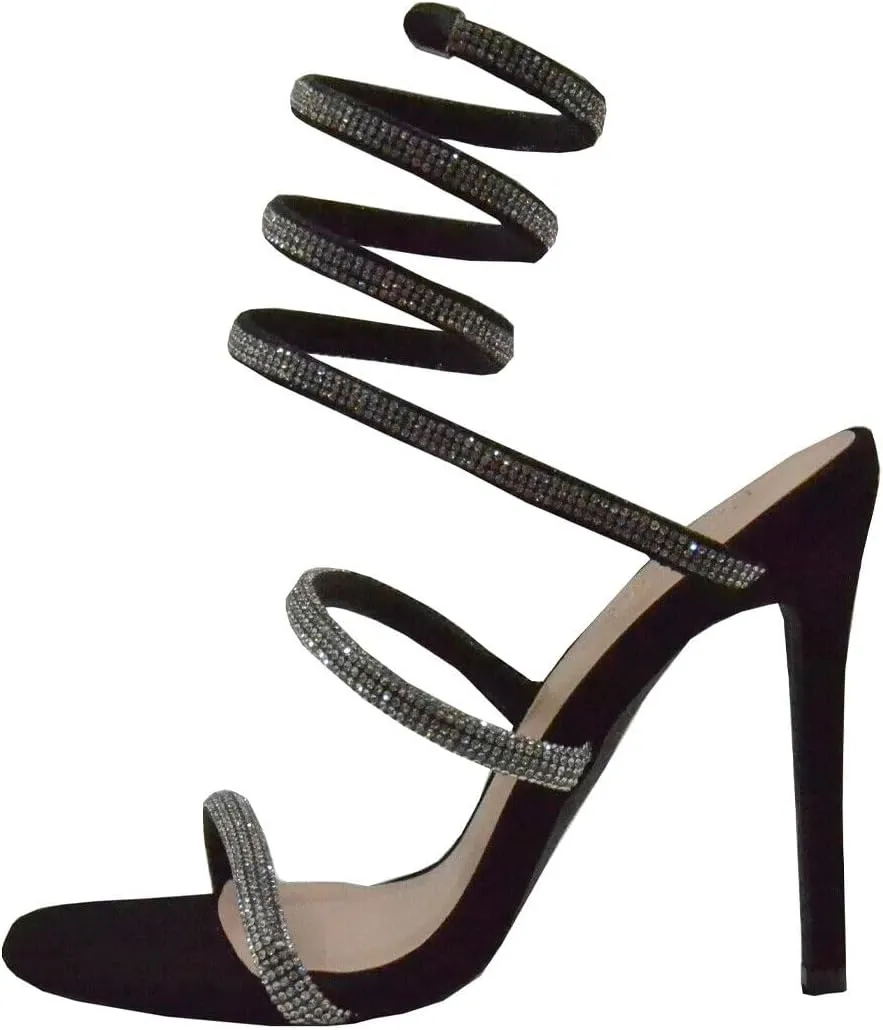 Women Rhinestone Spiral Ankle Wrap Strap High Heels Sandals