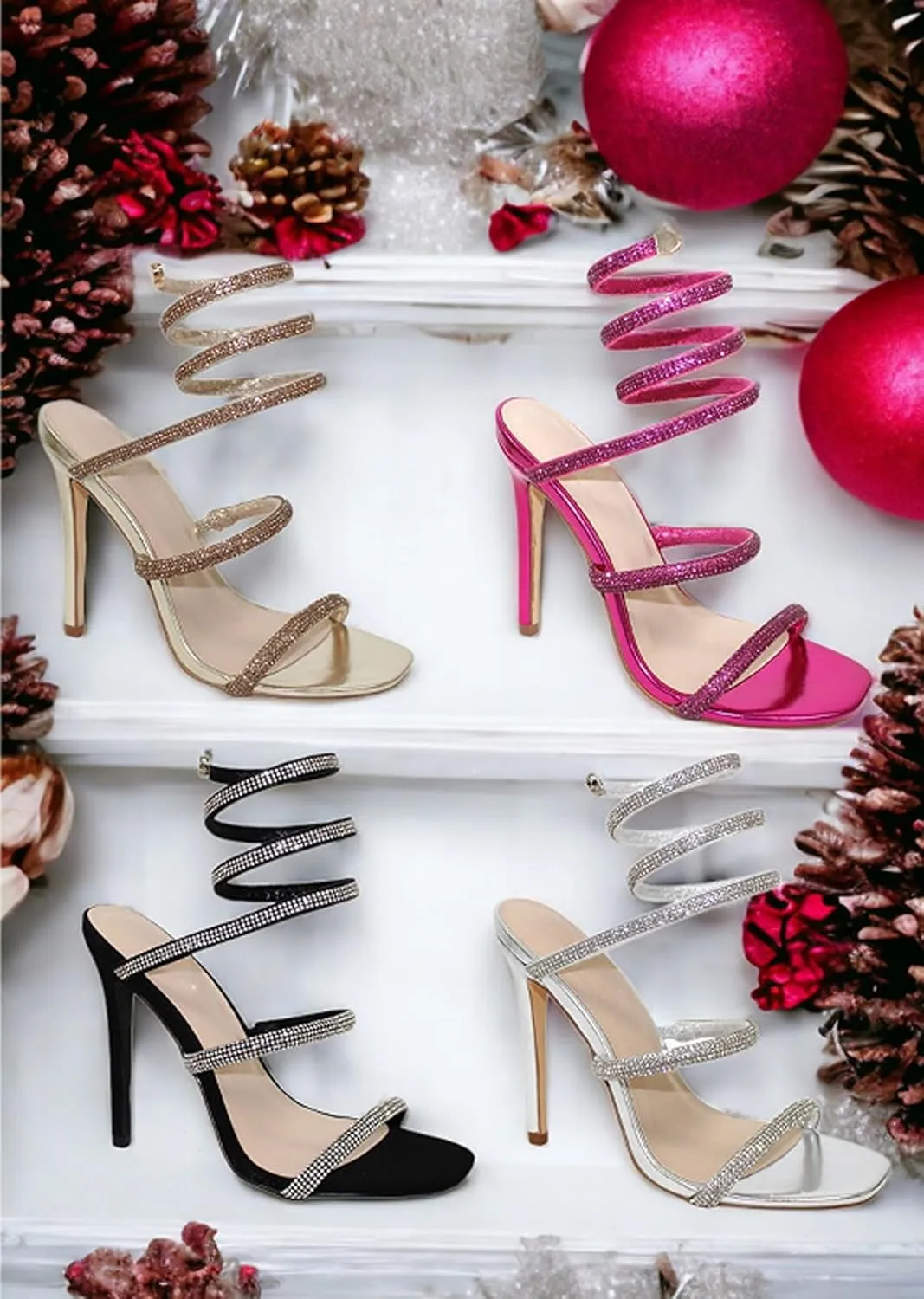 Women Rhinestone Spiral Ankle Wrap Strap High Heels Sandals