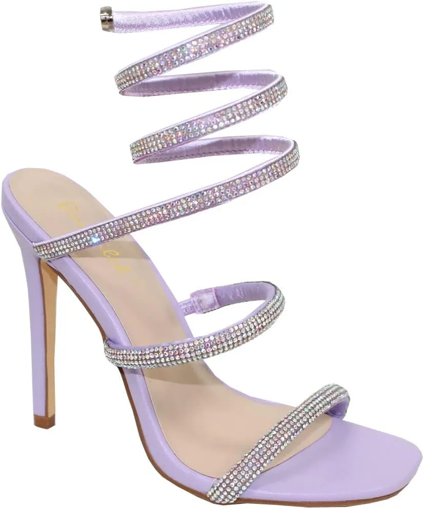 Women Rhinestone Spiral Ankle Wrap Strap High Heels Sandals