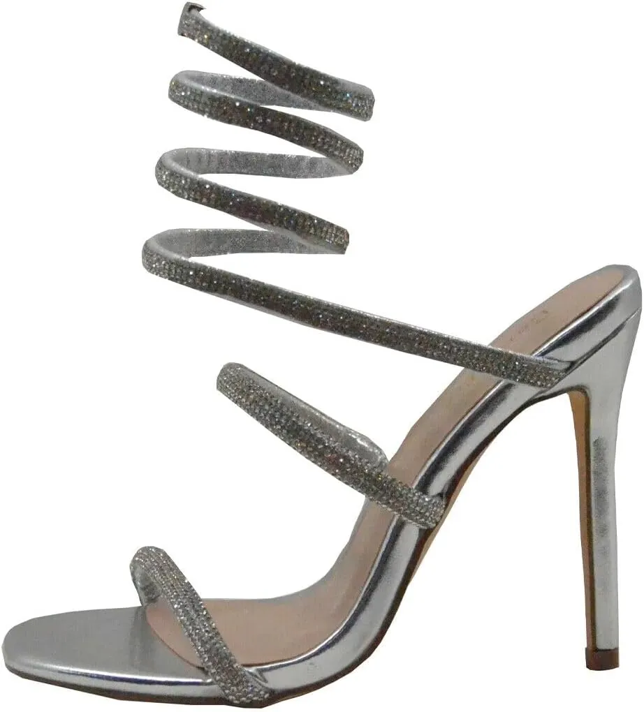 Women Rhinestone Spiral Ankle Wrap Strap High Heels Sandals