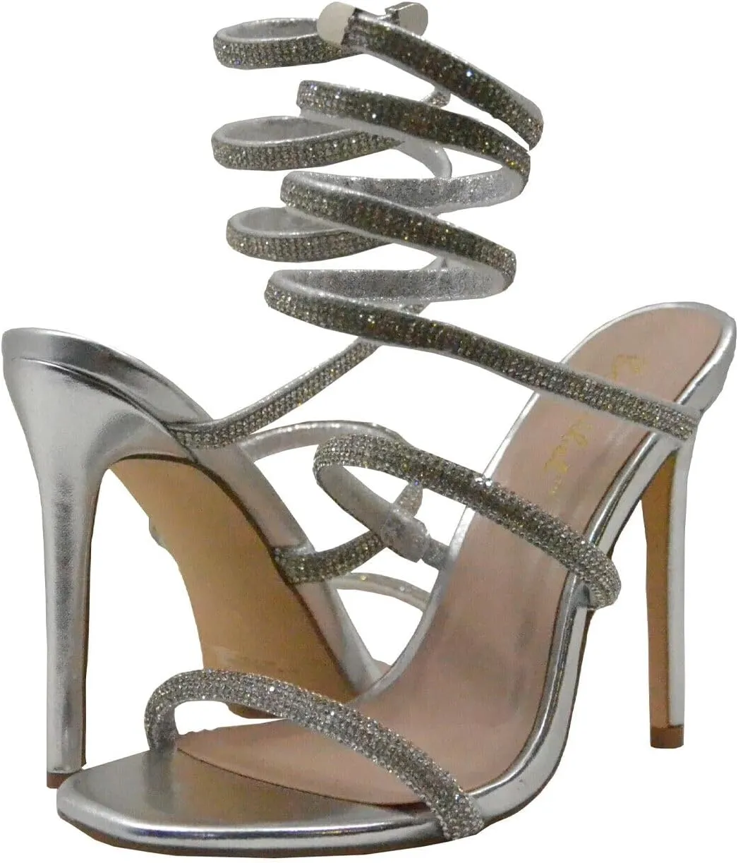 Women Rhinestone Spiral Ankle Wrap Strap High Heels Sandals