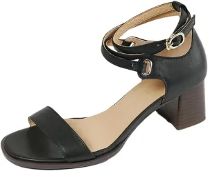 Women Sandals Round Toe Chunky Heel Buckle Strap Open Side Vamp Cover Heel Ankle Wrap Casual Sandals