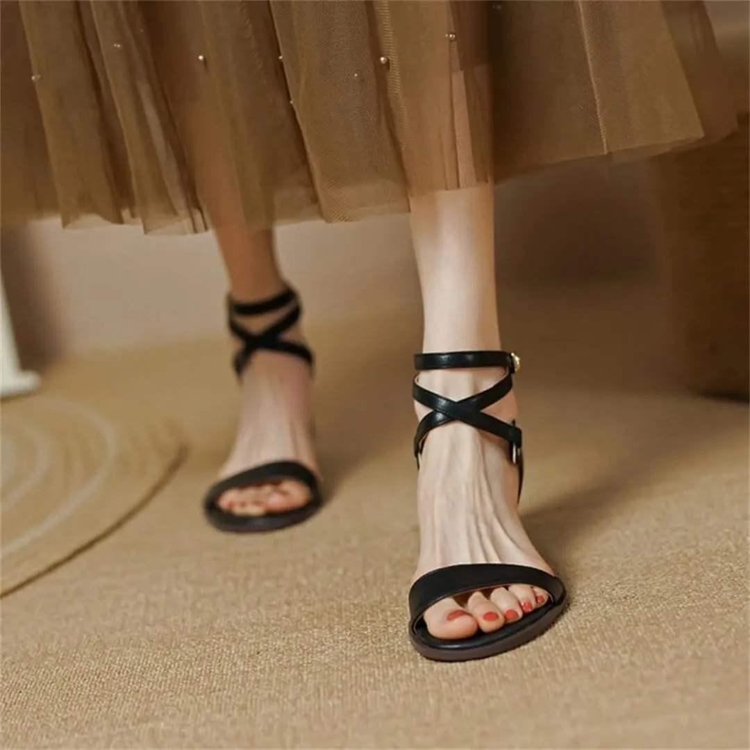 Women Sandals Round Toe Chunky Heel Buckle Strap Open Side Vamp Cover Heel Ankle Wrap Casual Sandals