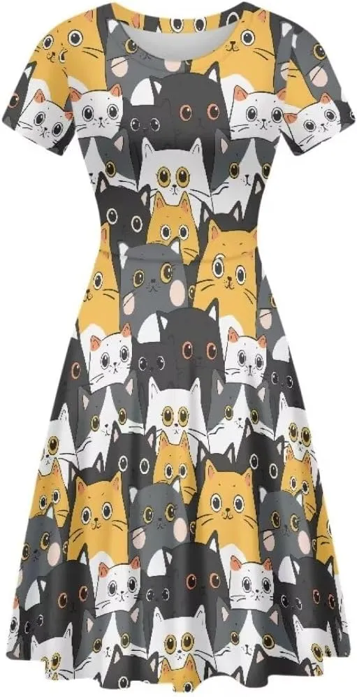 Women Short Sleeve Crew Neck Dresses Cute Graphic Summer Hawaiian Dress for Beach Party