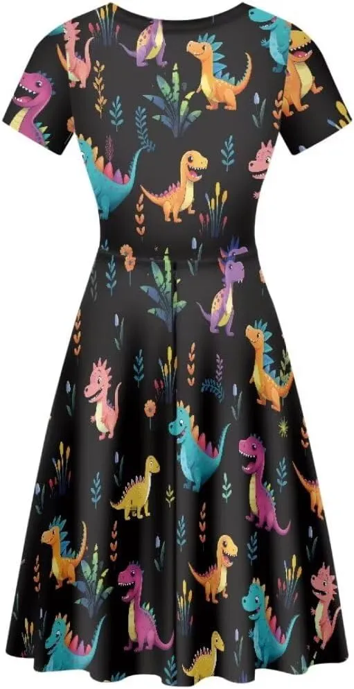 Women Short Sleeve Crew Neck Dresses Cute Graphic Summer Hawaiian Dress for Beach Party