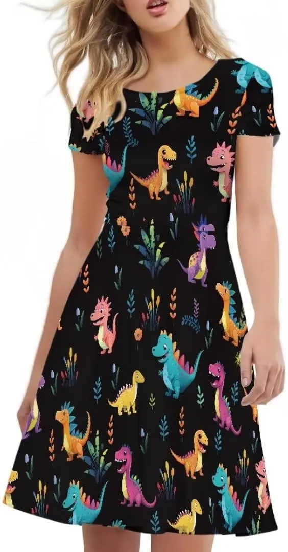 Women Short Sleeve Crew Neck Dresses Cute Graphic Summer Hawaiian Dress for Beach Party