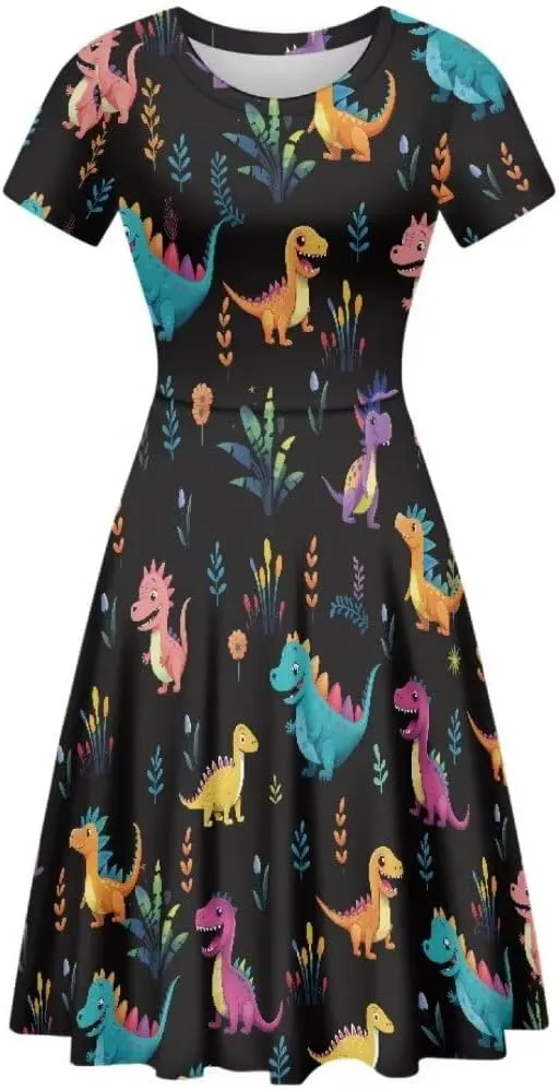 Women Short Sleeve Crew Neck Dresses Cute Graphic Summer Hawaiian Dress for Beach Party