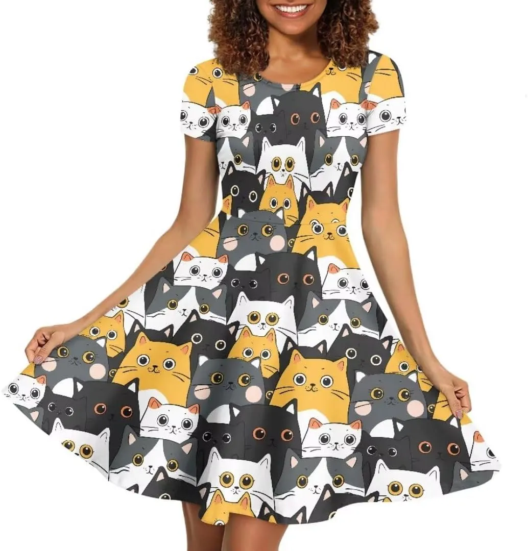 Women Short Sleeve Crew Neck Dresses Cute Graphic Summer Hawaiian Dress for Beach Party