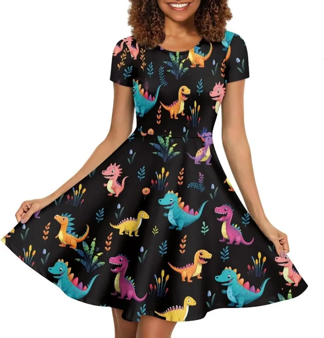 Women Short Sleeve Crew Neck Dresses Cute Graphic Summer Hawaiian Dress for Beach Party