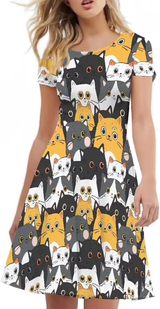 Women Short Sleeve Crew Neck Dresses Cute Graphic Summer Hawaiian Dress for Beach Party
