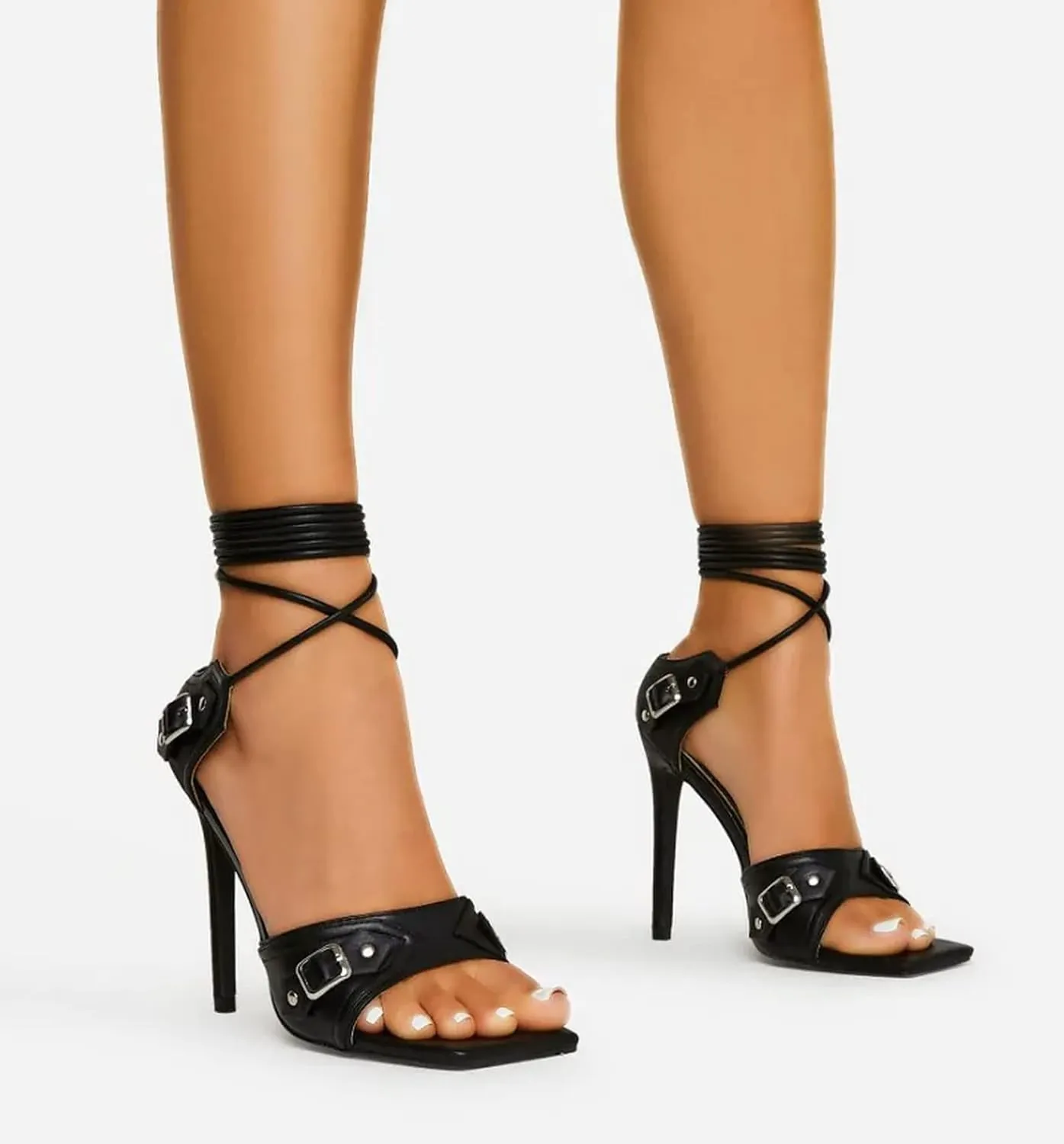 Women Square Toe Lace up High heel sandals