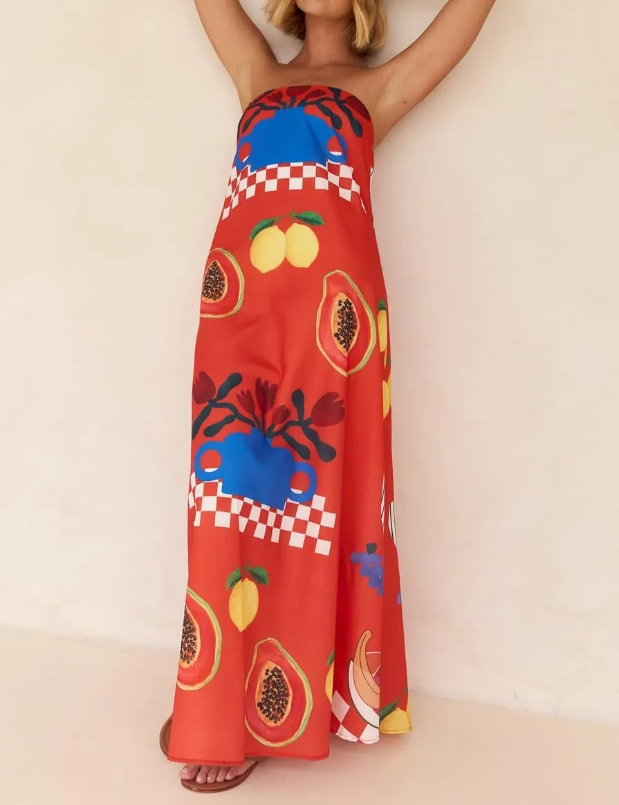 Women Strapless Boho Maxi Dress Y2k Graphic Print Flowy Tube Long Dress Colorful Beach Vacation Sundress