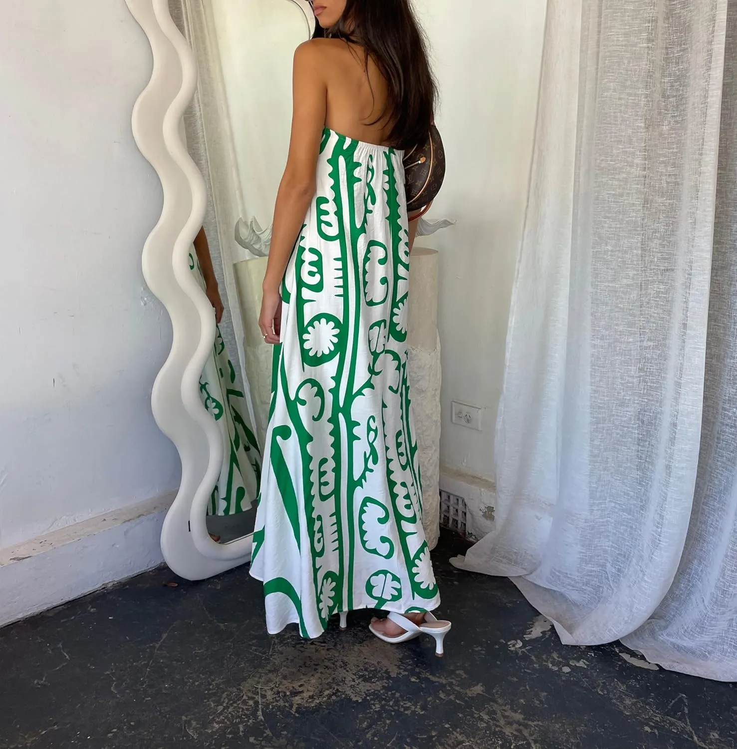 Women Strapless Boho Maxi Dress Y2k Graphic Print Flowy Tube Long Dress Colorful Beach Vacation Sundress