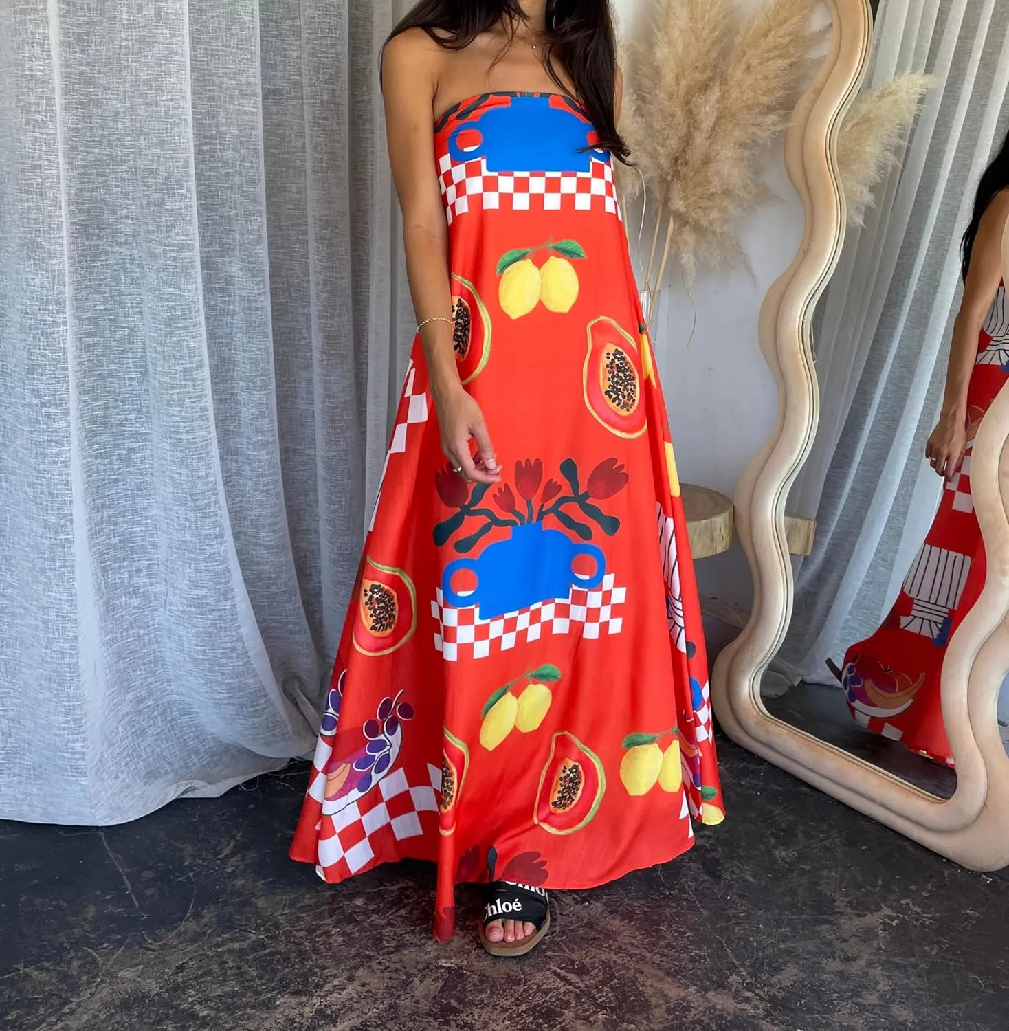Women Strapless Boho Maxi Dress Y2k Graphic Print Flowy Tube Long Dress Colorful Beach Vacation Sundress
