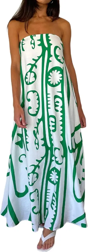 Women Strapless Boho Maxi Dress Y2k Graphic Print Flowy Tube Long Dress Colorful Beach Vacation Sundress