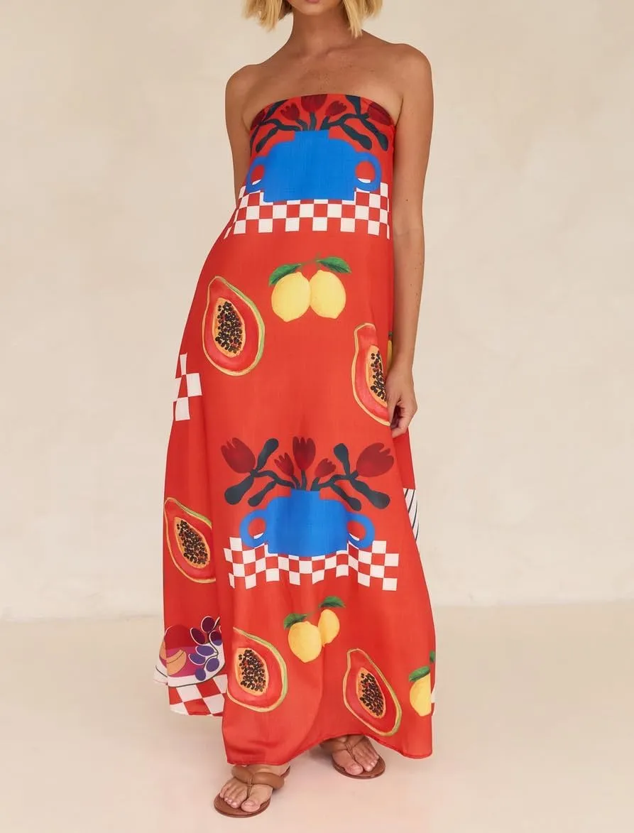 Women Strapless Boho Maxi Dress Y2k Graphic Print Flowy Tube Long Dress Colorful Beach Vacation Sundress