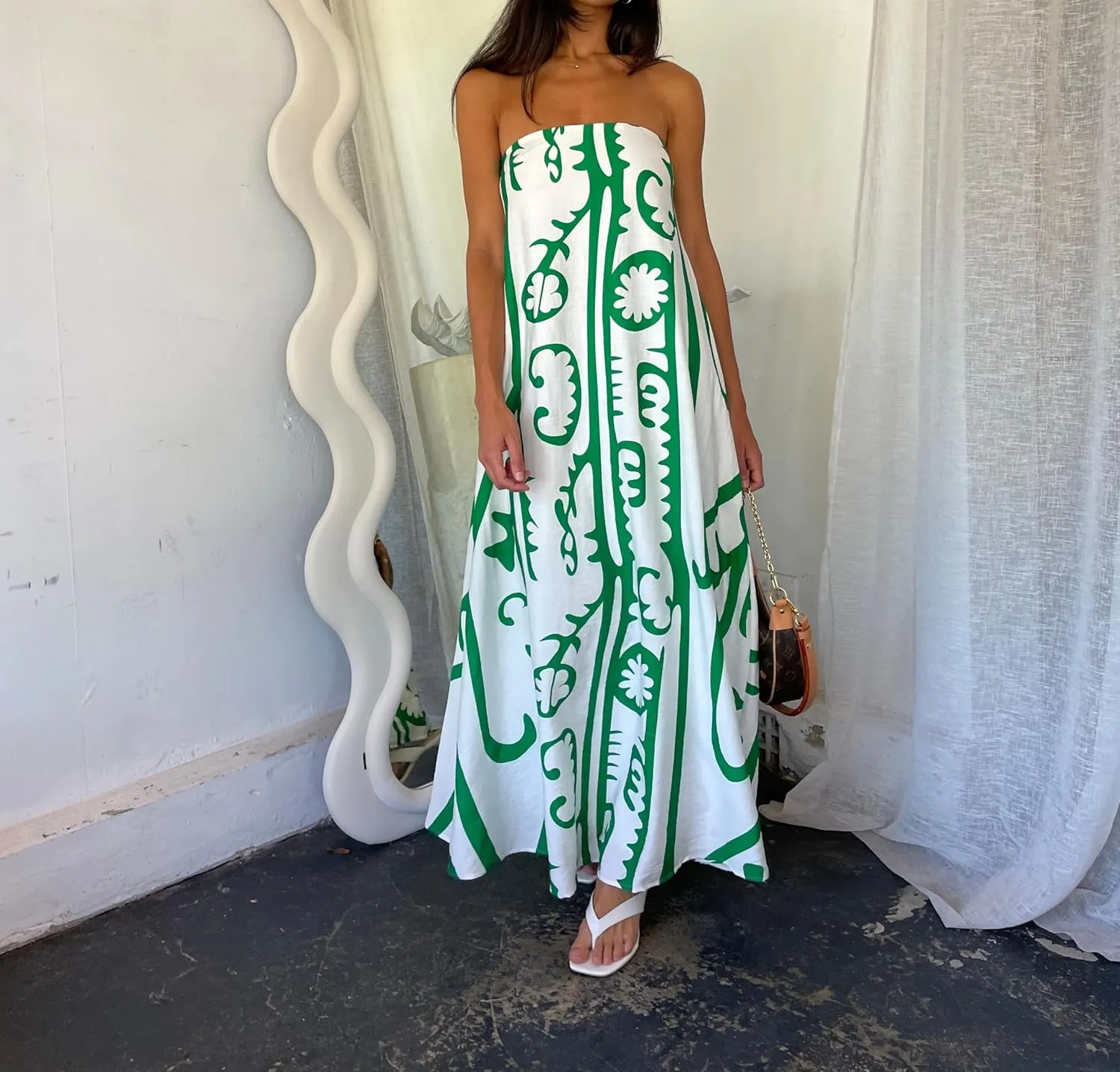 Women Strapless Boho Maxi Dress Y2k Graphic Print Flowy Tube Long Dress Colorful Beach Vacation Sundress