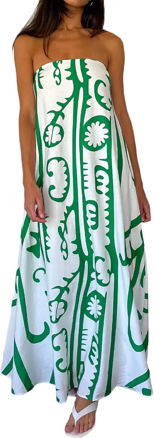 Women Strapless Boho Maxi Dress Y2k Graphic Print Flowy Tube Long Dress Colorful Beach Vacation Sundress
