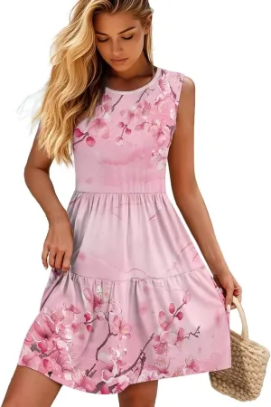 Women Summer Casual Tank Dress Sleeveless Round Neck High Waist A-Line Sundress Flowy Tiered Swing Mini Dress S-5XL