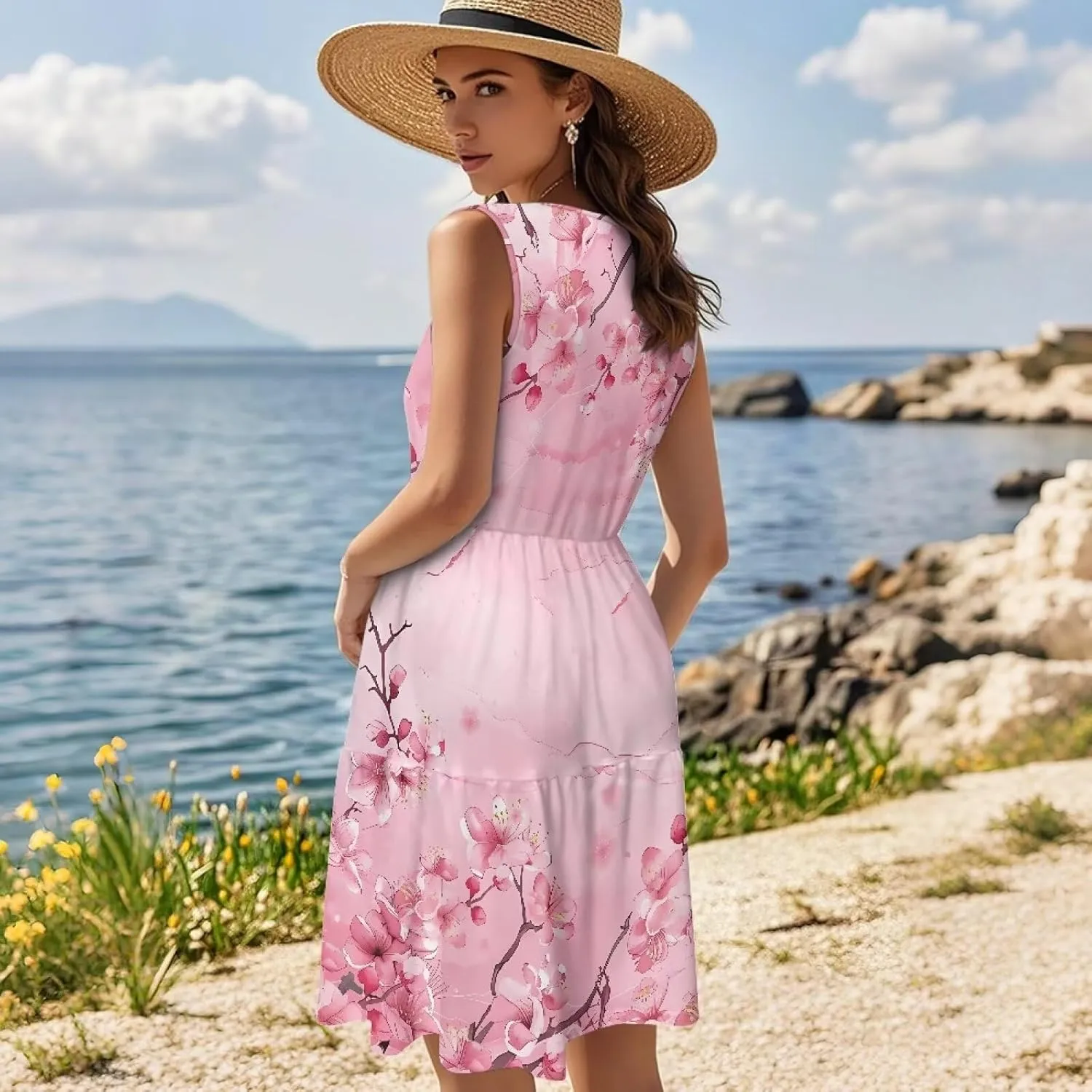 Women Summer Casual Tank Dress Sleeveless Round Neck High Waist A-Line Sundress Flowy Tiered Swing Mini Dress S-5XL