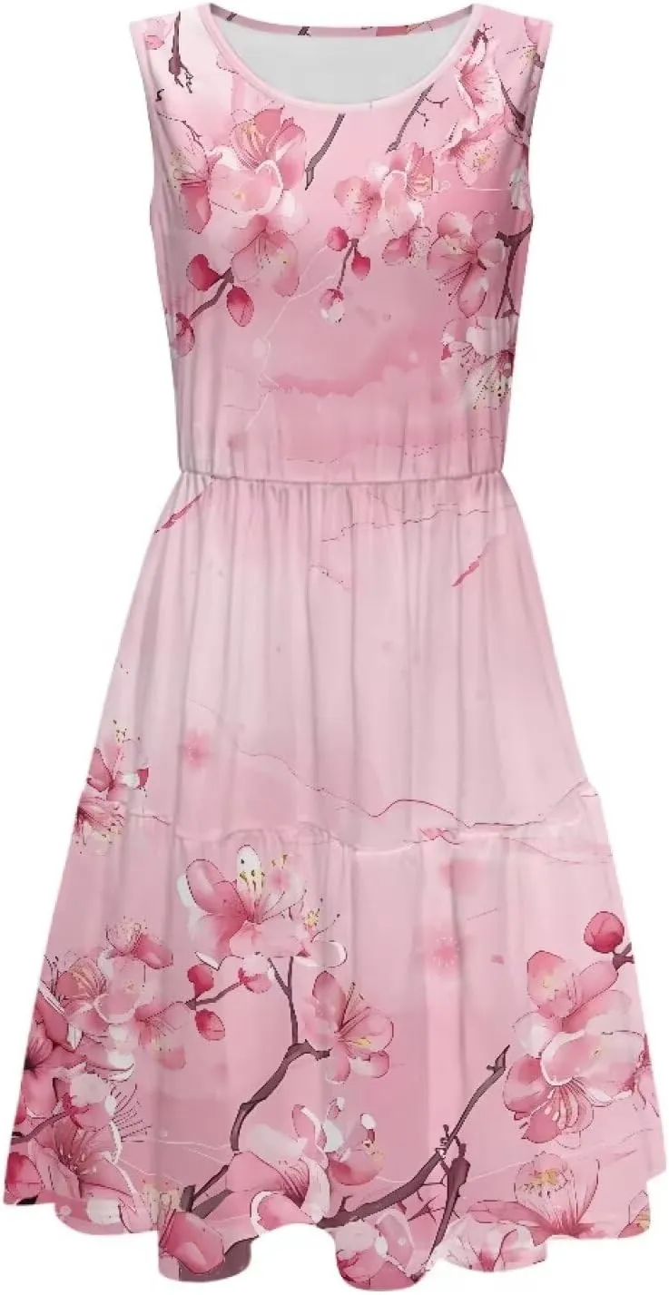 Women Summer Casual Tank Dress Sleeveless Round Neck High Waist A-Line Sundress Flowy Tiered Swing Mini Dress S-5XL
