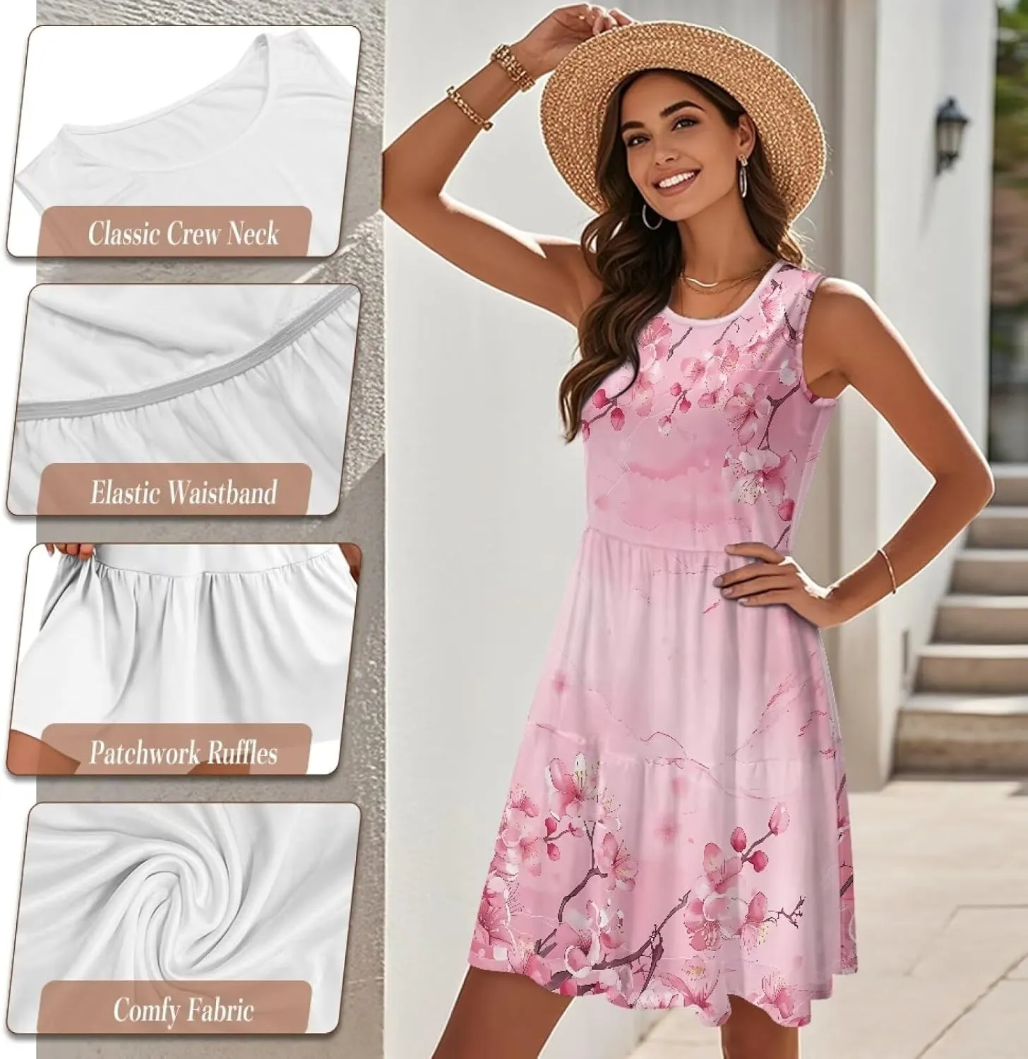 Women Summer Casual Tank Dress Sleeveless Round Neck High Waist A-Line Sundress Flowy Tiered Swing Mini Dress S-5XL