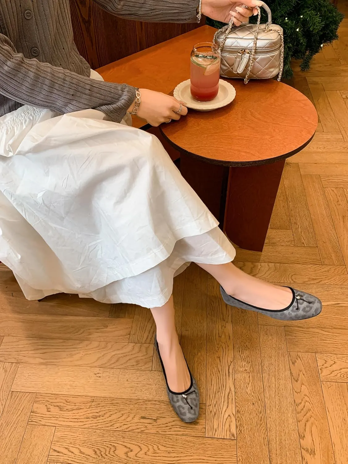 Women's Ballet Flats, Genuine Leather with Leopard Print, Slip-On Comfort Shoes with 1cm Low Heel, Soft Pigskin Lining and Stylish Metal Detail