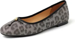 Women's Ballet Flats, Genuine Leather with Leopard Print, Slip-On Comfort Shoes with 1cm Low Heel, Soft Pigskin Lining and Stylish Metal Detail