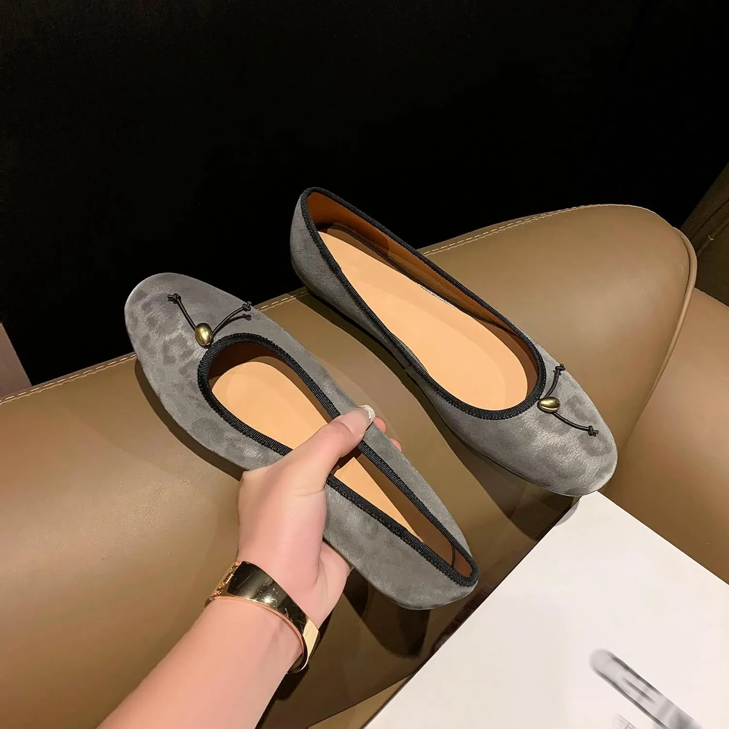 Women's Ballet Flats, Genuine Leather with Leopard Print, Slip-On Comfort Shoes with 1cm Low Heel, Soft Pigskin Lining and Stylish Metal Detail