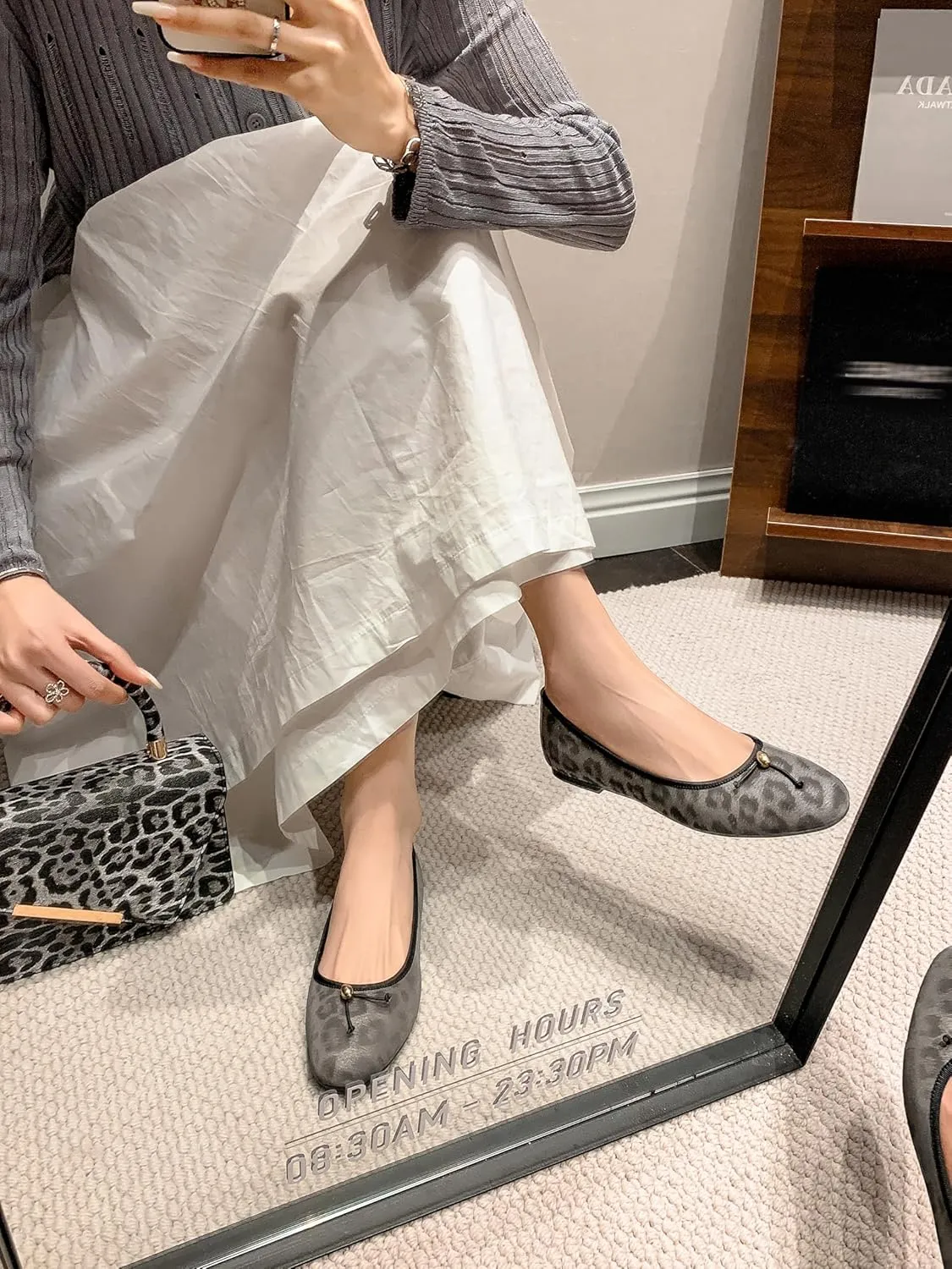Women's Ballet Flats, Genuine Leather with Leopard Print, Slip-On Comfort Shoes with 1cm Low Heel, Soft Pigskin Lining and Stylish Metal Detail