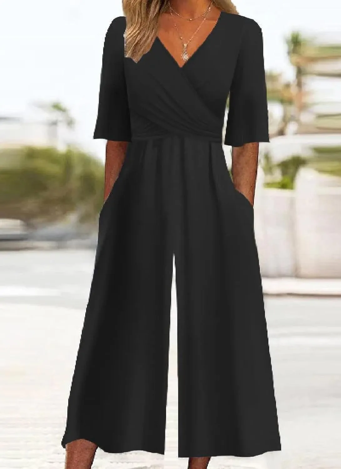 Women's Black Solid Color Elegant V neck Wrap Jumpsuit 2025 Summer Half Sleeve Elegant Casual Formal Date Jumpsuit