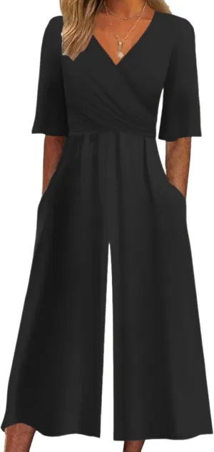 Women's Black Solid Color Elegant V neck Wrap Jumpsuit 2025 Summer Half Sleeve Elegant Casual Formal Date Jumpsuit