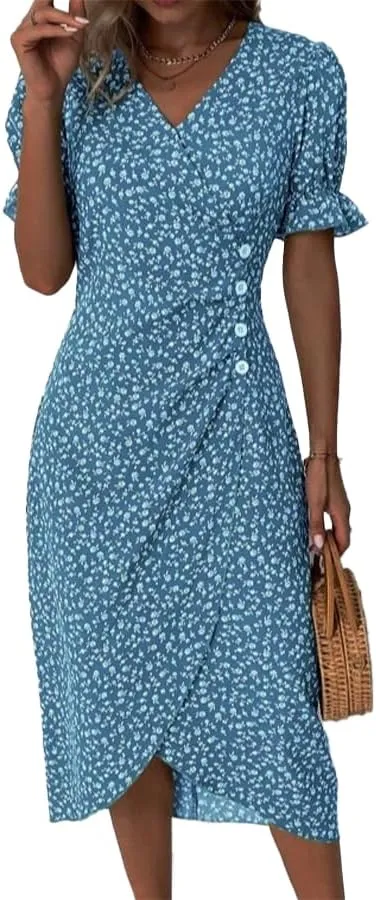 Womens Boho Floral Dresses V Neck Puff Short Sleeve Colorful Graphic Print Asymmetric Midi Dress Summer 2025