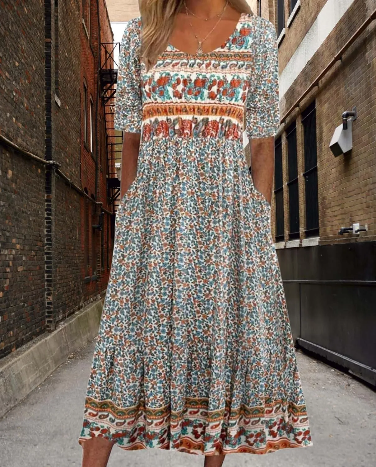 Womens Boho Floral Print Maxi Dress Short Sleeve Casual Fit Flowy Dresses Summer Loose Beach Skirt with Pockets