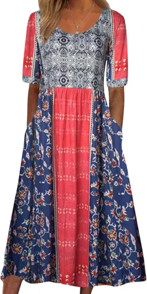 Womens Boho Floral Print Maxi Dress Short Sleeve Casual Fit Flowy Dresses Summer Loose Beach Skirt with Pockets