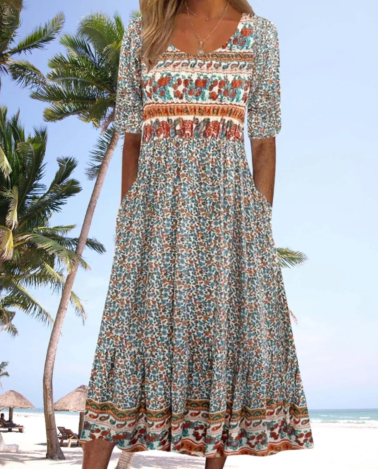 Womens Boho Floral Print Maxi Dress Short Sleeve Casual Fit Flowy Dresses Summer Loose Beach Skirt with Pockets